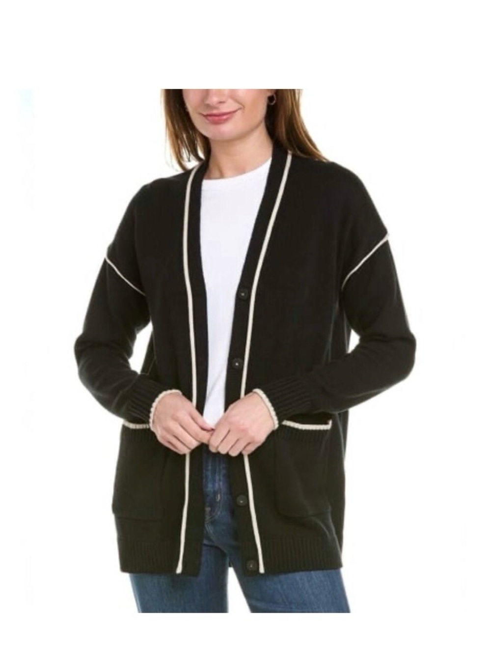 Cabi Black Contrast-Trim Button Cardigan Sweater
